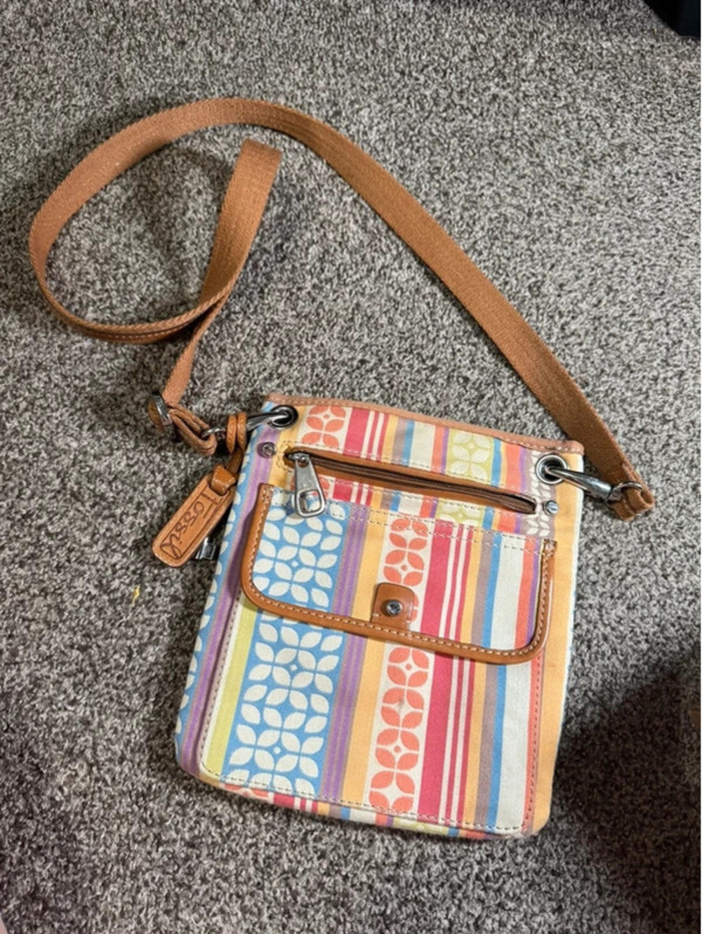 Vintage Y2K Fossil Multicolor Striped Canvas Leather Crossbody Bag Purse